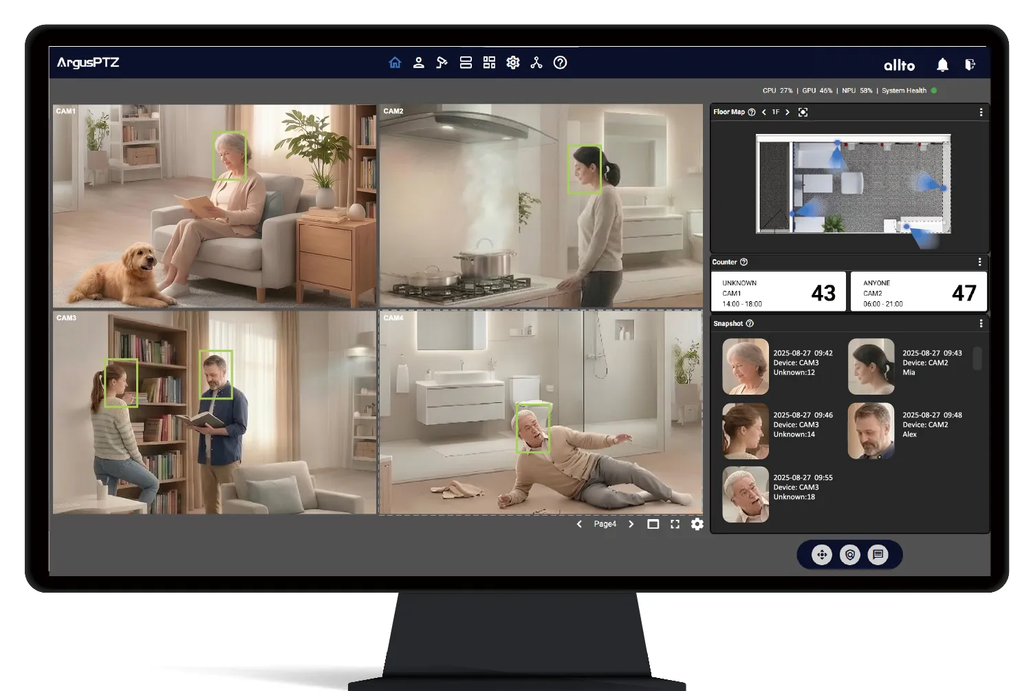 ArgusPTZ Dashboard — Multi-camera view with face detection, floor map, event counter and snapshots